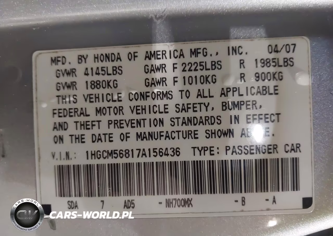2007 Honda Accord 2.4 Ex VIN:1HGCM56817A156436 - 9