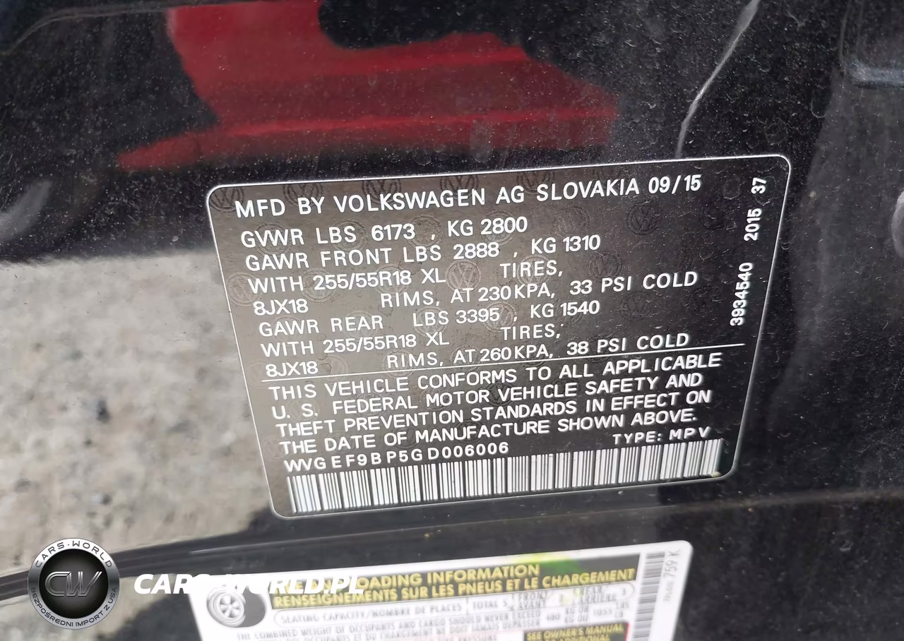 2016 Volkswagen Touareg Vr6 Sport VIN:WVGEF9BP5GD006006 - 9