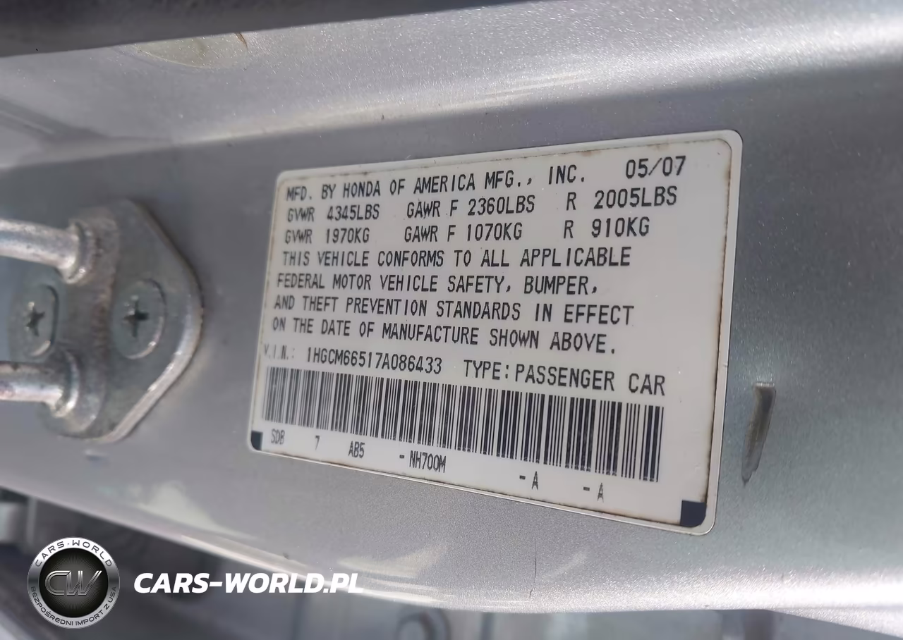 2007 Honda Accord 3.0 Ex VIN:1HGCM66517A086433 - 9