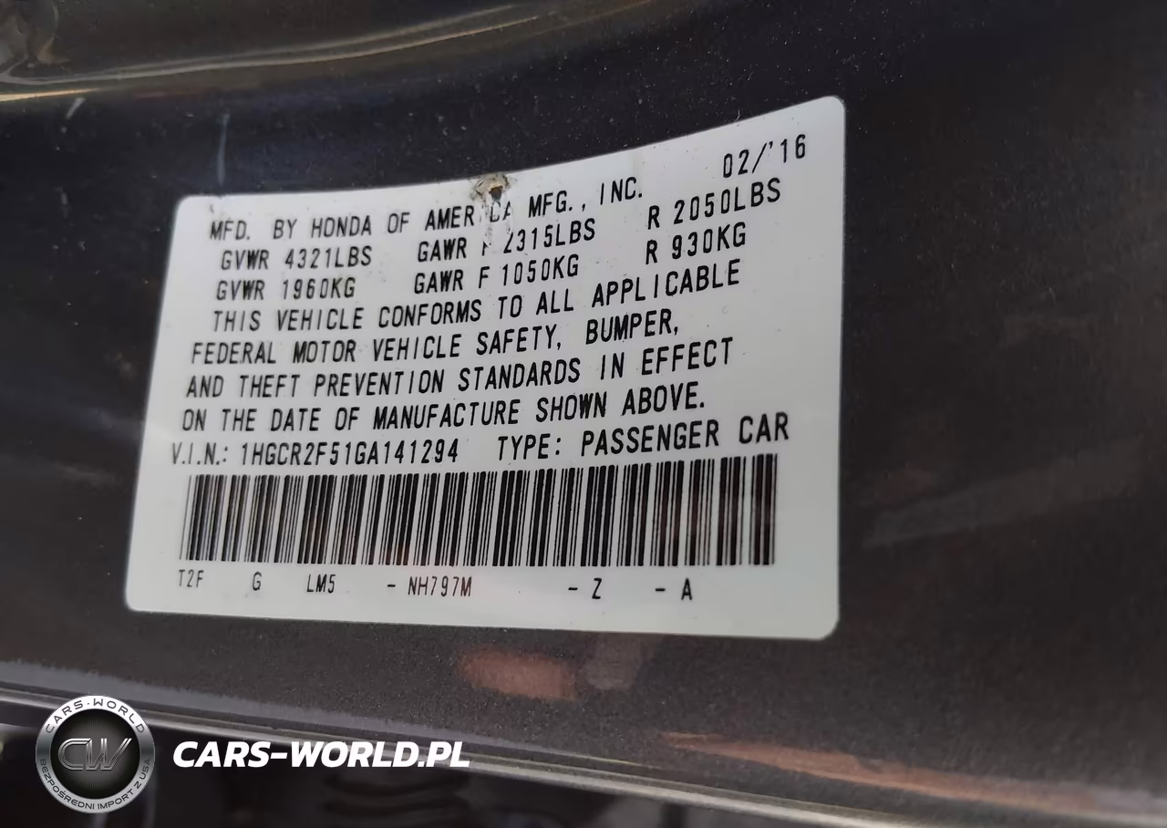 2016 Honda Accord Sport VIN:1HGCR2F51GA141294 - 9