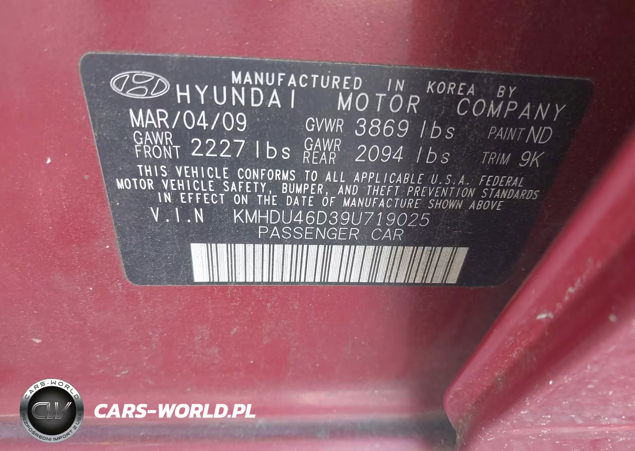 2009 Hyundai Elantra Gls VIN:KMHDU46D39U719025 - 9
