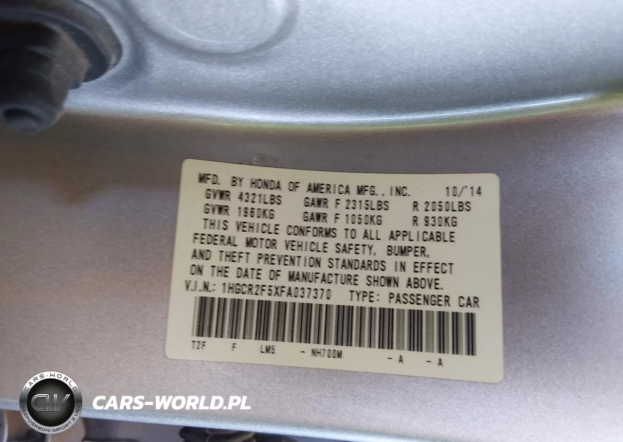 2015 Honda Accord Sport VIN:1HGCR2F5XFA037370 - 9