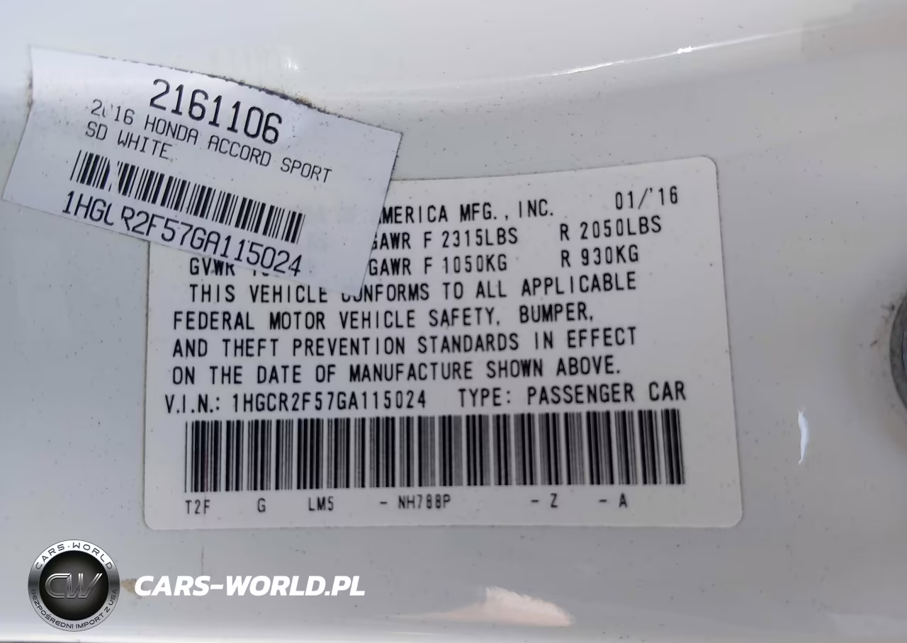 2016 Honda Accord Sport VIN:1HGCR2F57GA115024 - 9