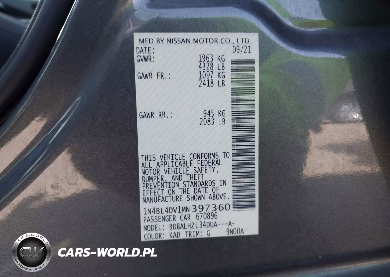 2021 Nissan Altima Sv Fwd VIN:1N4BL4DV1MN397360 - 9