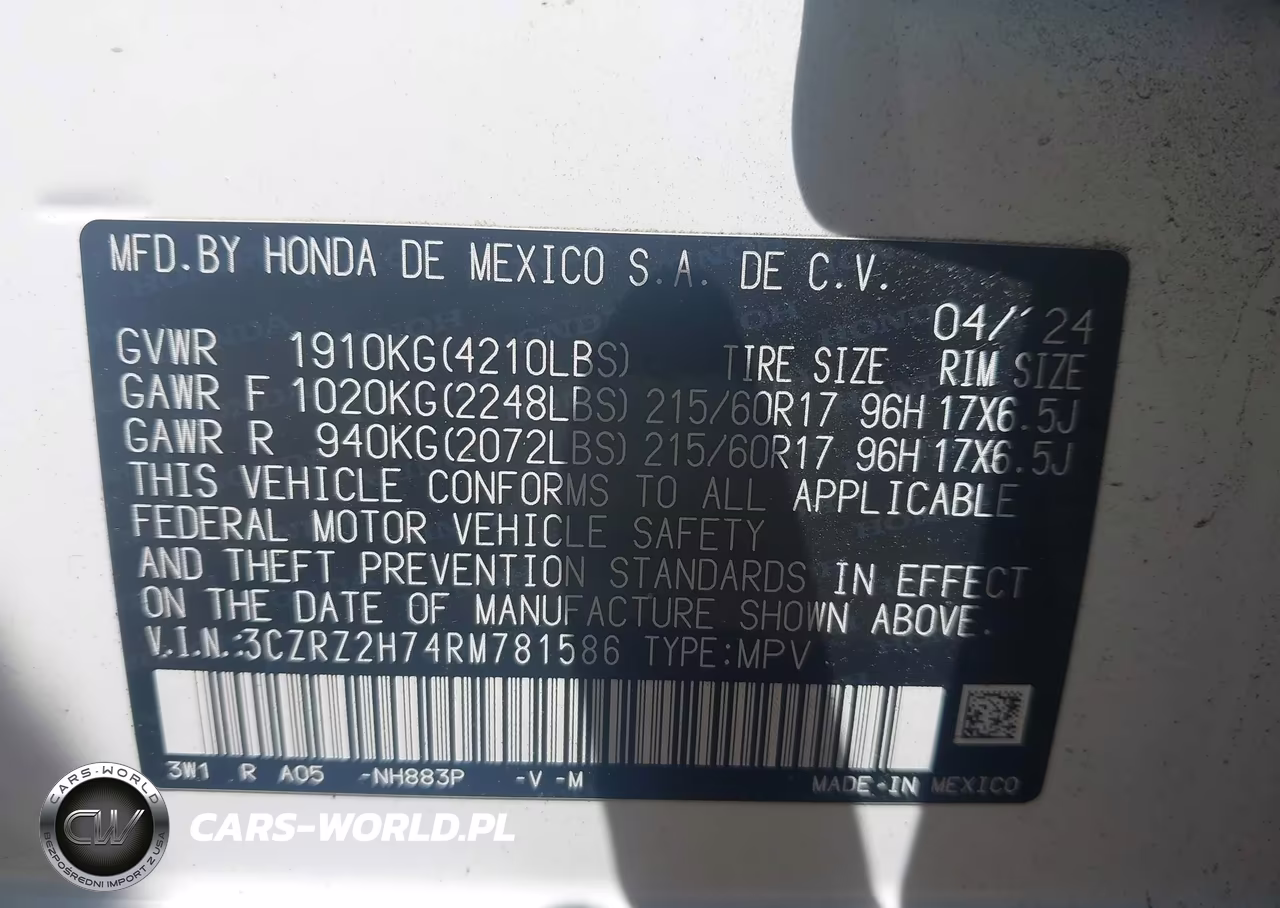 2024 Honda Hr-V Awd Ex-L-Awd Ex-L W-O Bsi VIN:3CZRZ2H74RM781586 - 9