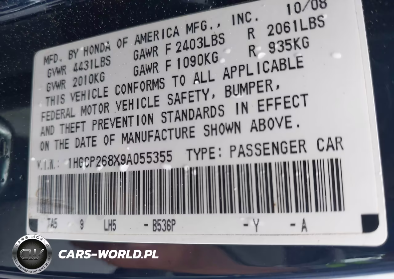 2009 Honda Accord 2.4 Ex-L VIN:1HGCP268X9A055355 - 9