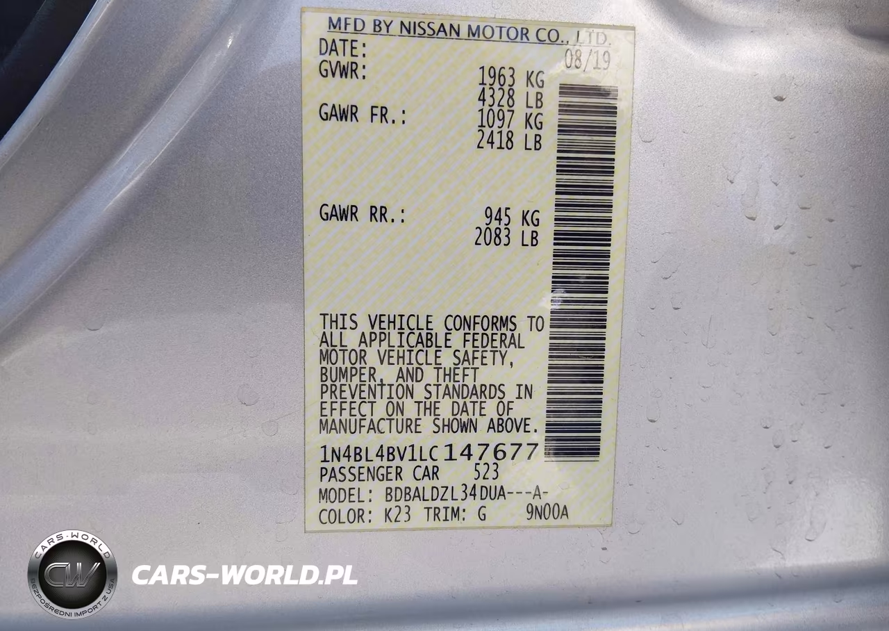 2020 Nissan Altima S Fwd VIN:1N4BL4BV1LC147677 - 9