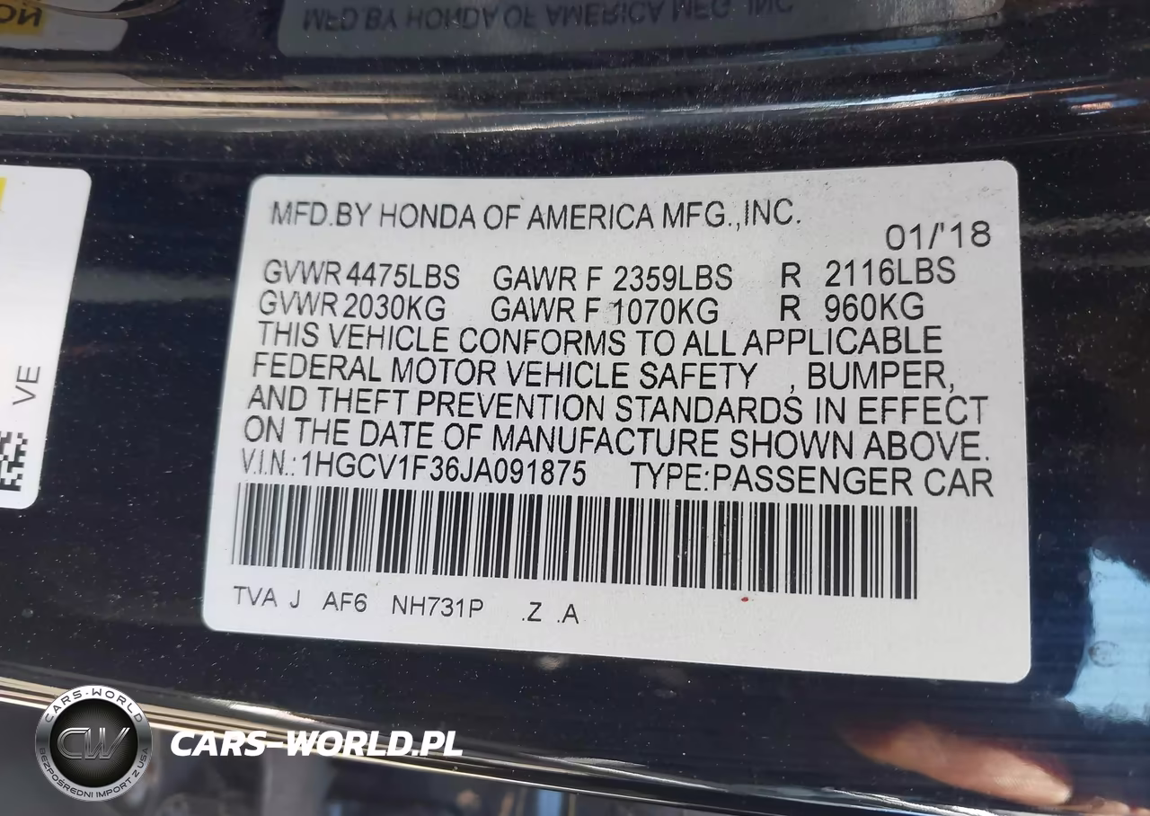 2018 Honda Accord Sport VIN:1HGCV1F36JA091875 - 9