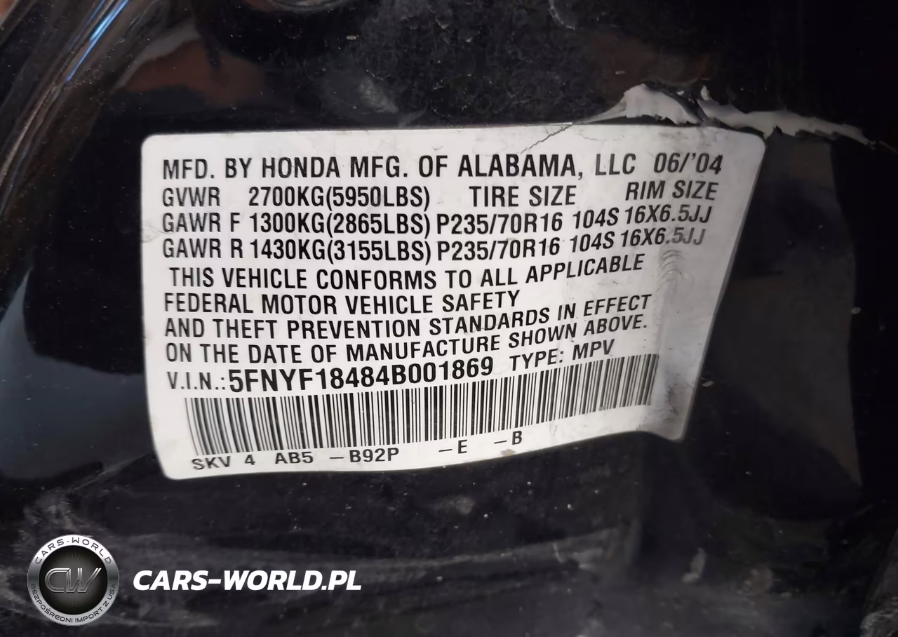 2004 Honda Pilot Ex VIN:5FNYF18484B001869 - 9