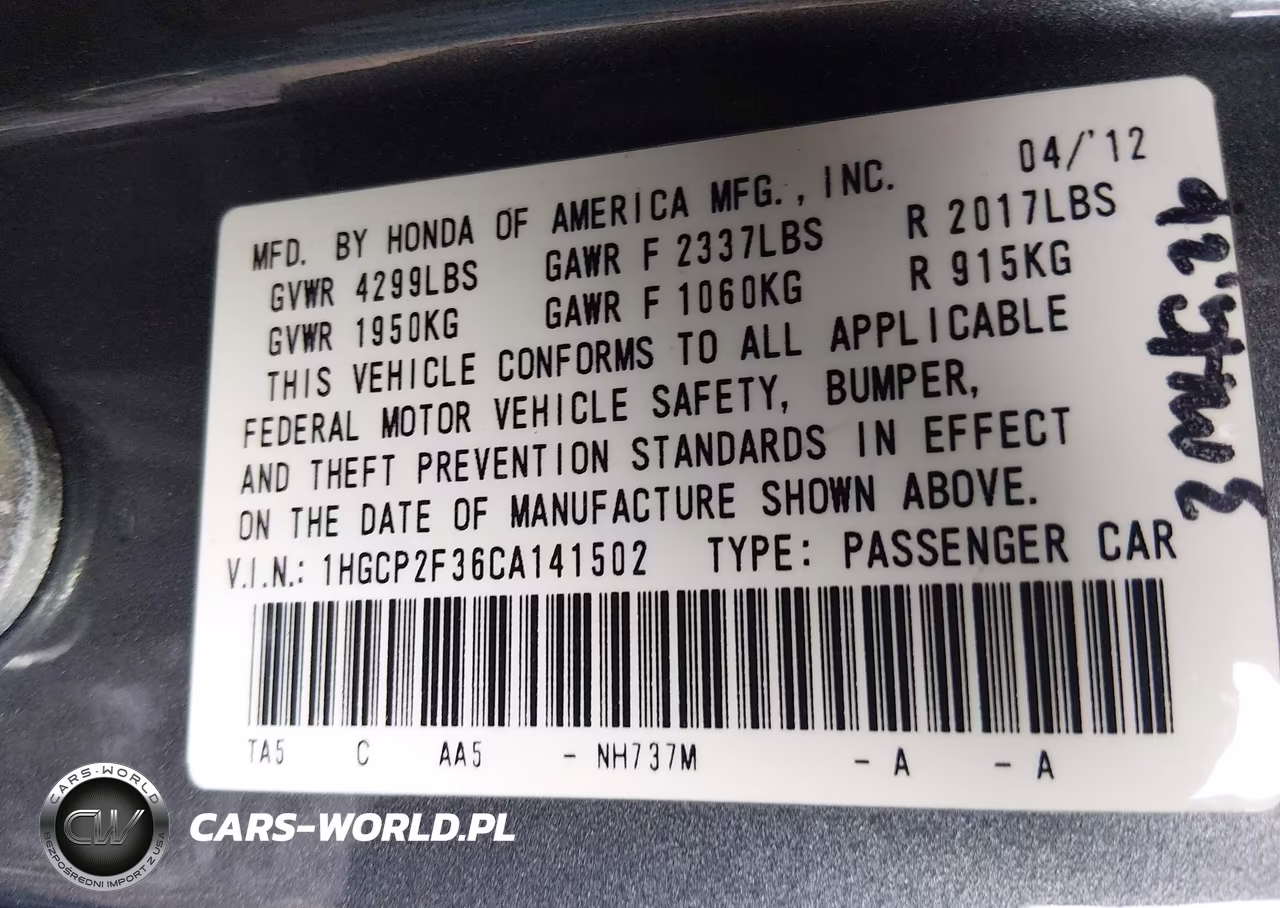 2012 Honda Accord 2.4 Lx VIN:1HGCP2F36CA141502 - 9