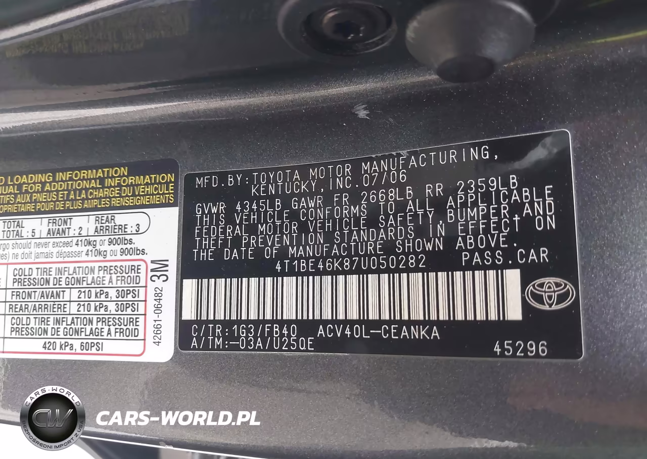 2007 Toyota Camry Le VIN:4T1BE46K87U050282 - 9