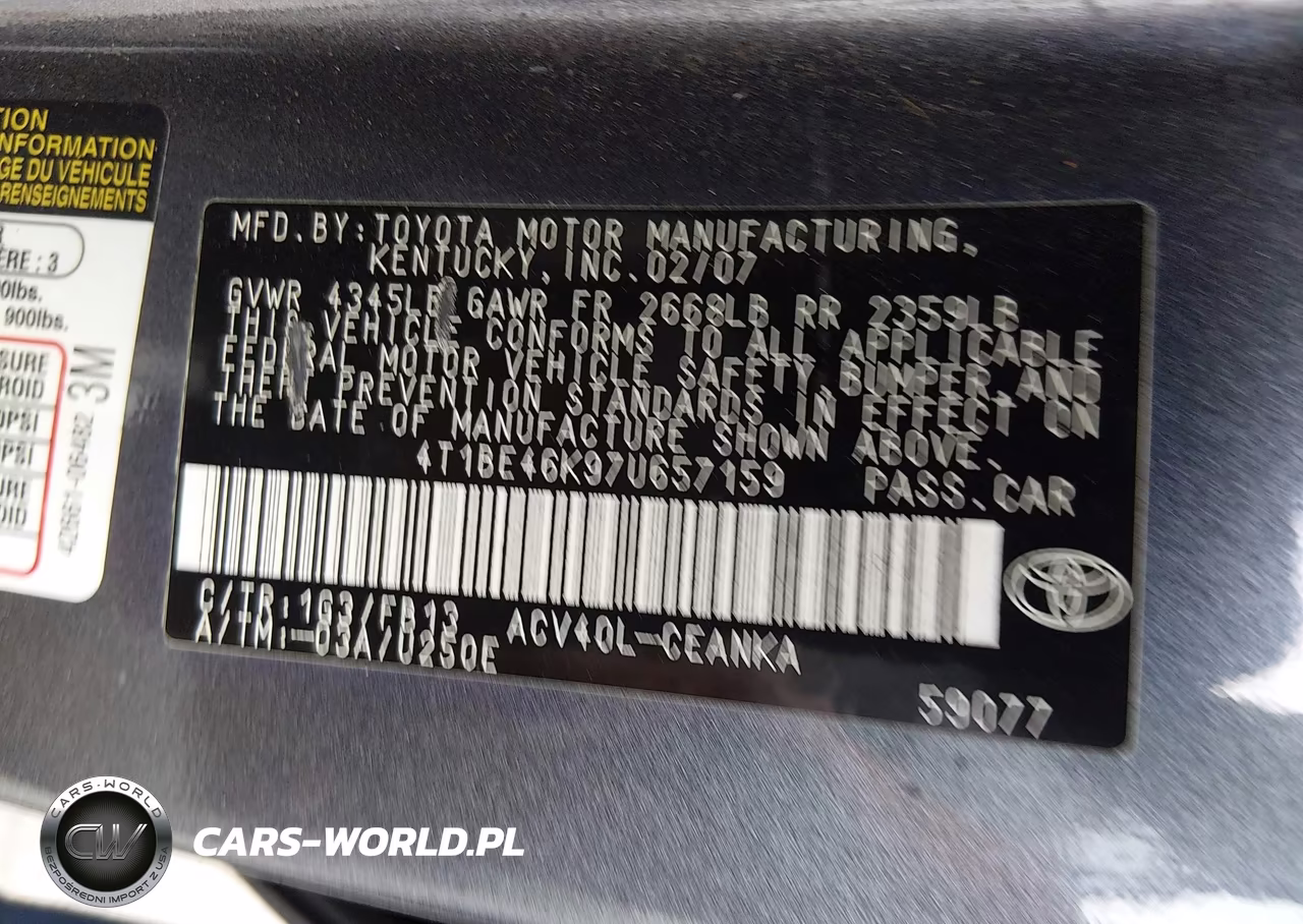 2007 Toyota Camry Le VIN:4T1BE46K97U657159 - 9