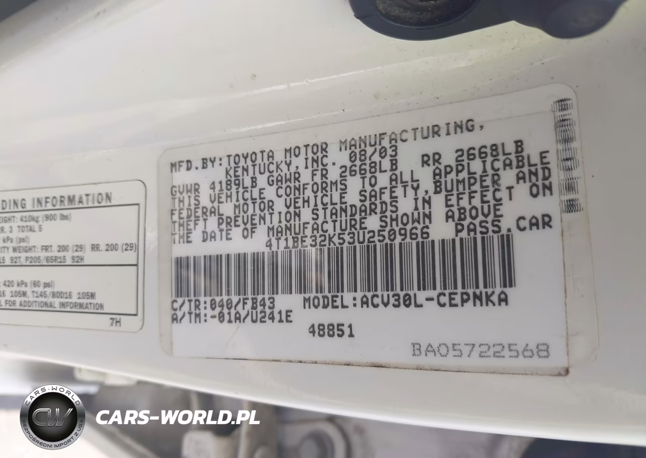2003 Toyota Camry Le VIN:4T1BE32K53U250966 - 9