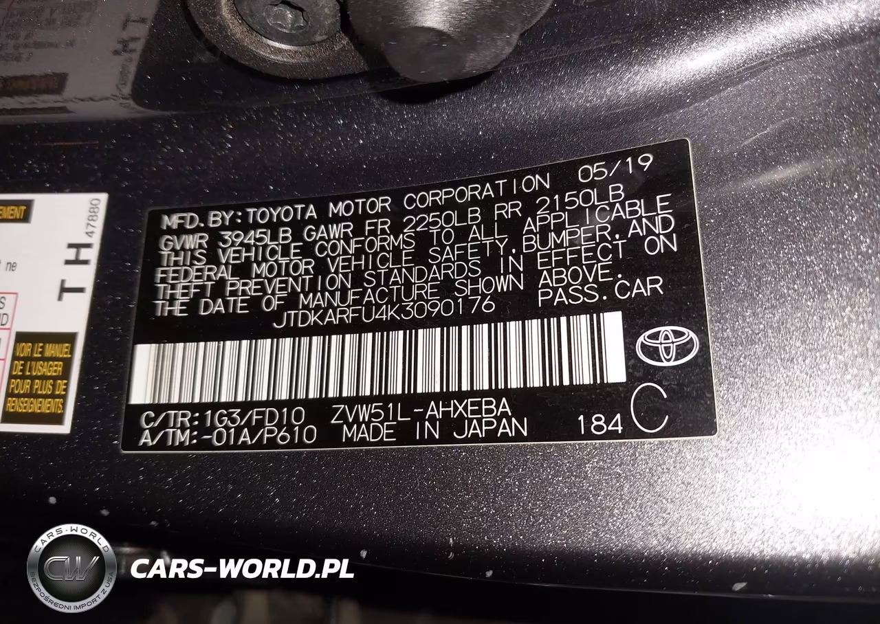2019 Toyota Prius Le VIN:JTDKARFU4K3090176 - 9