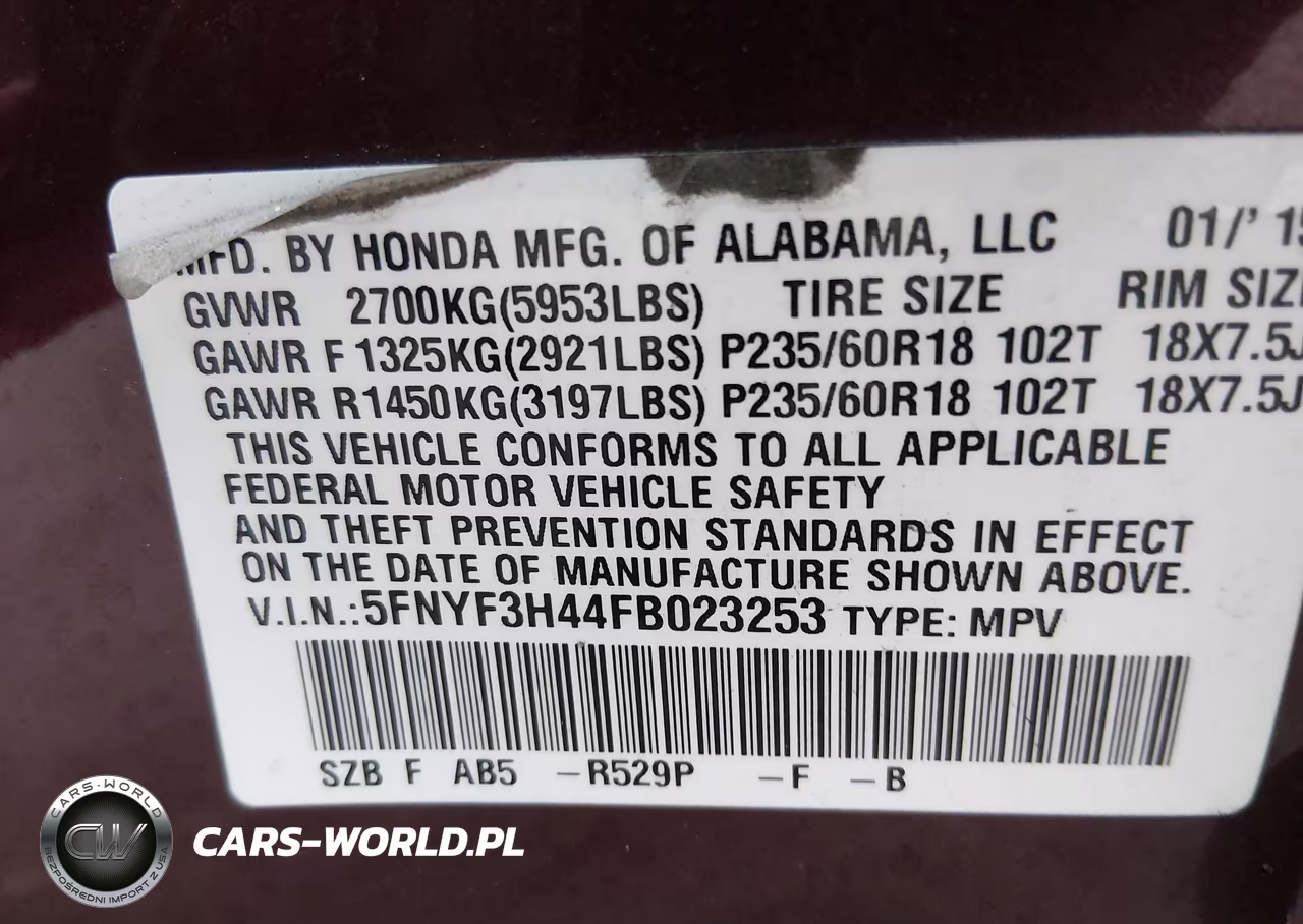 2015 Honda Pilot Ex VIN:5FNYF3H44FB023253 - 9