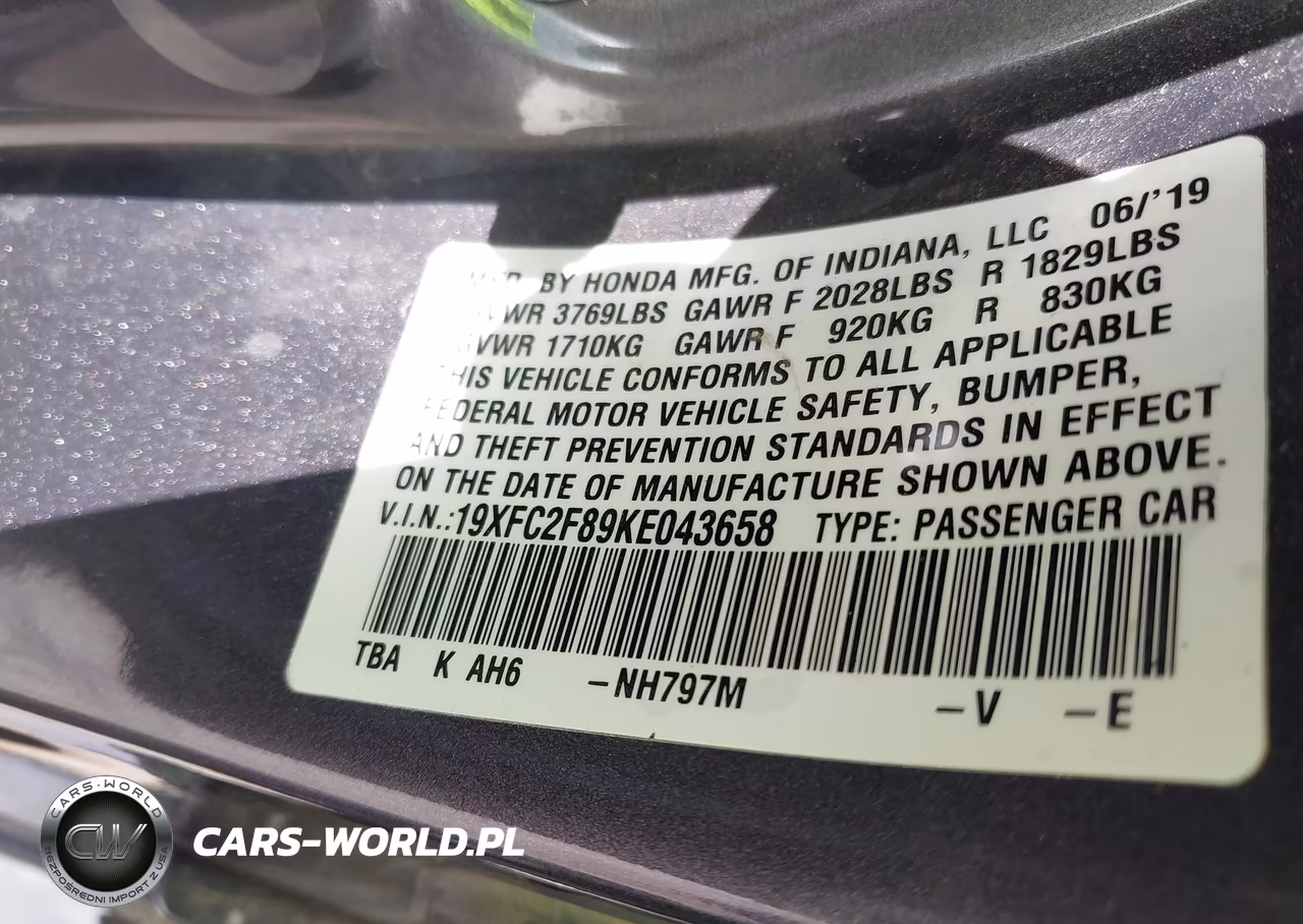 2019 Honda Civic Sport VIN:19XFC2F89KE043658 - 9