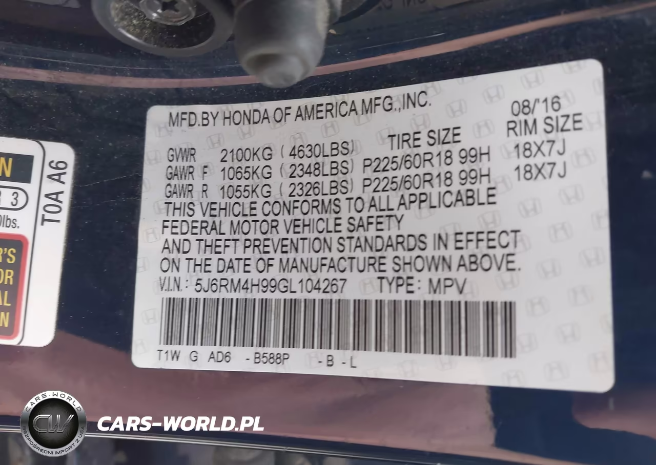 2016 Honda Cr-V Touring VIN:5J6RM4H99GL104267 - 9