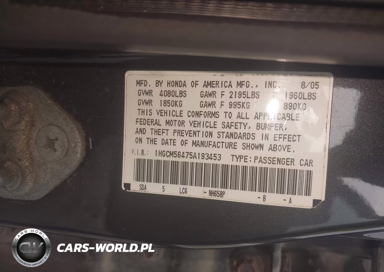 2005 Honda Accord 2.4 Lx VIN:1HGCM56475A193453 - 9