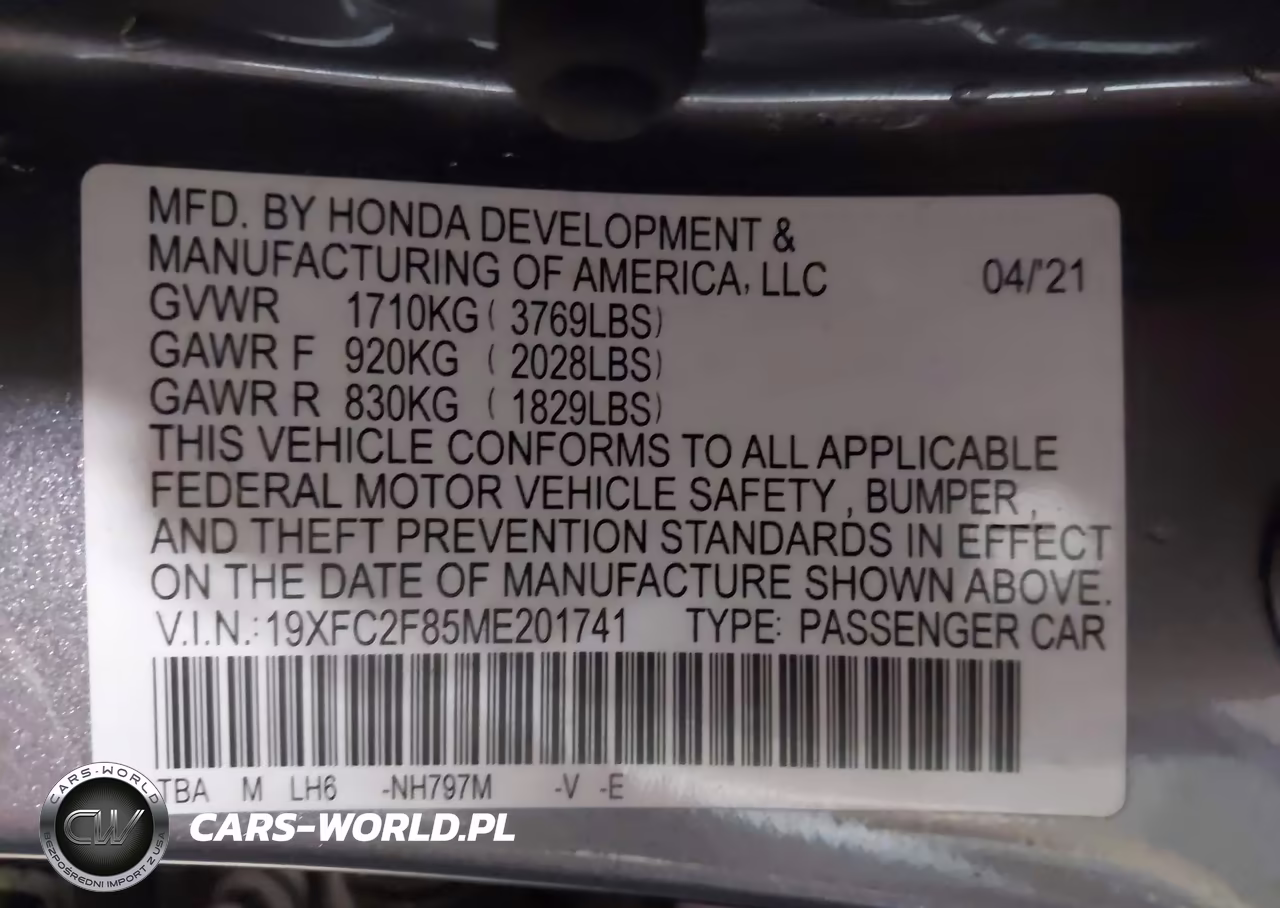 2021 Honda Civic Sport VIN:19XFC2F85ME201741 - 9