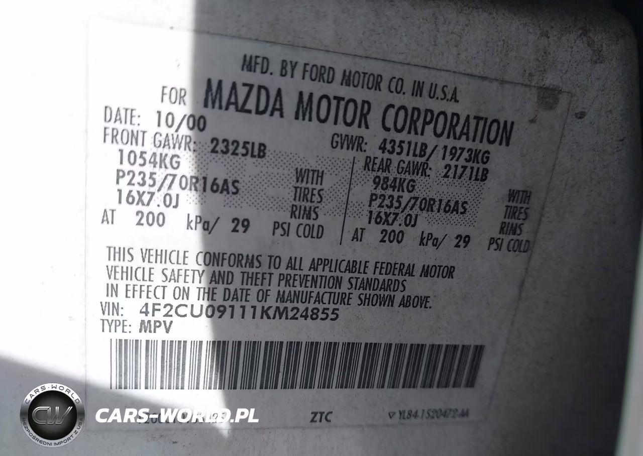 2001 Mazda Tribute Es V6-Lx V6 VIN:4F2CU09111KM24855 - 9