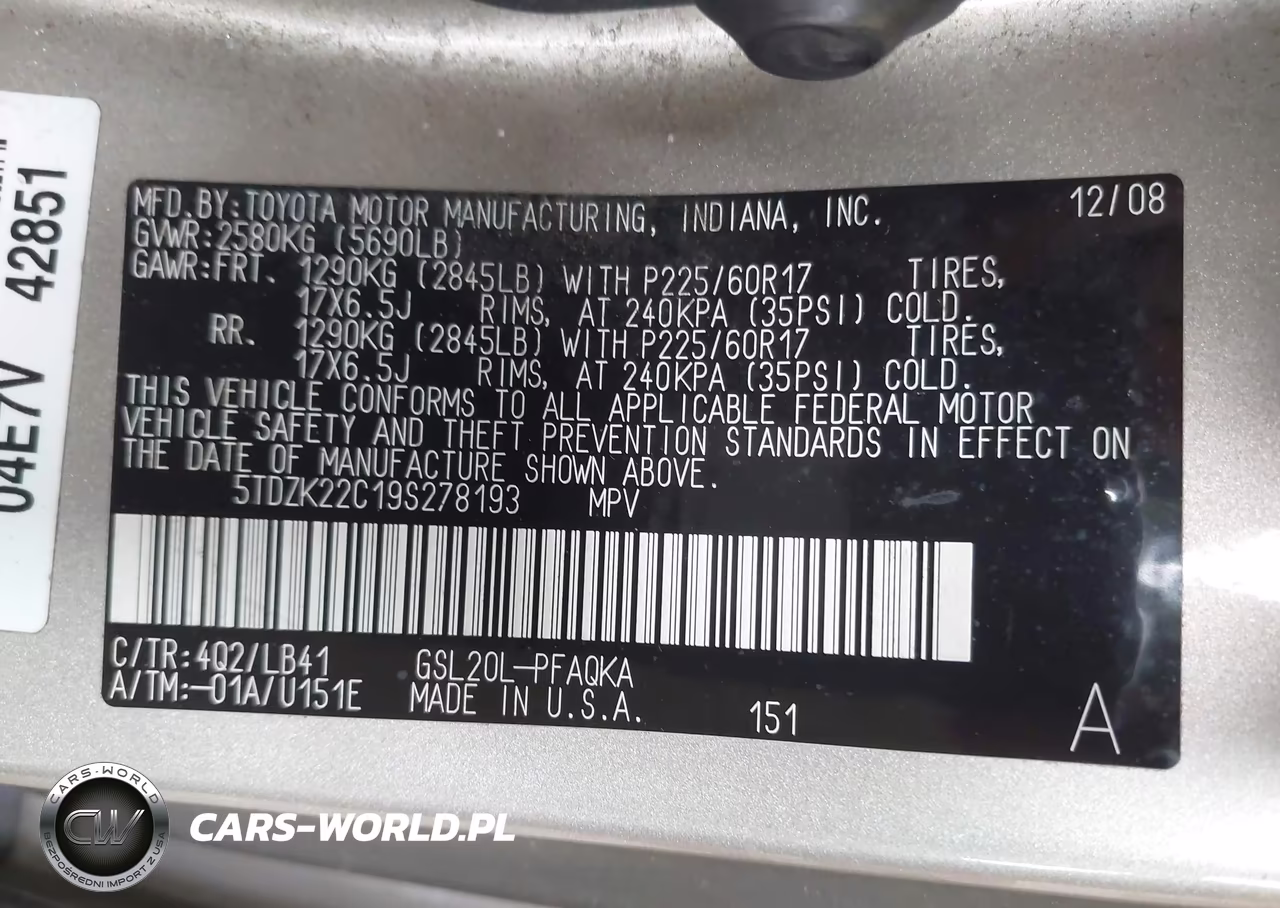 2009 Toyota Sienna Xle VIN:5TDZK22C19S278193 - 9