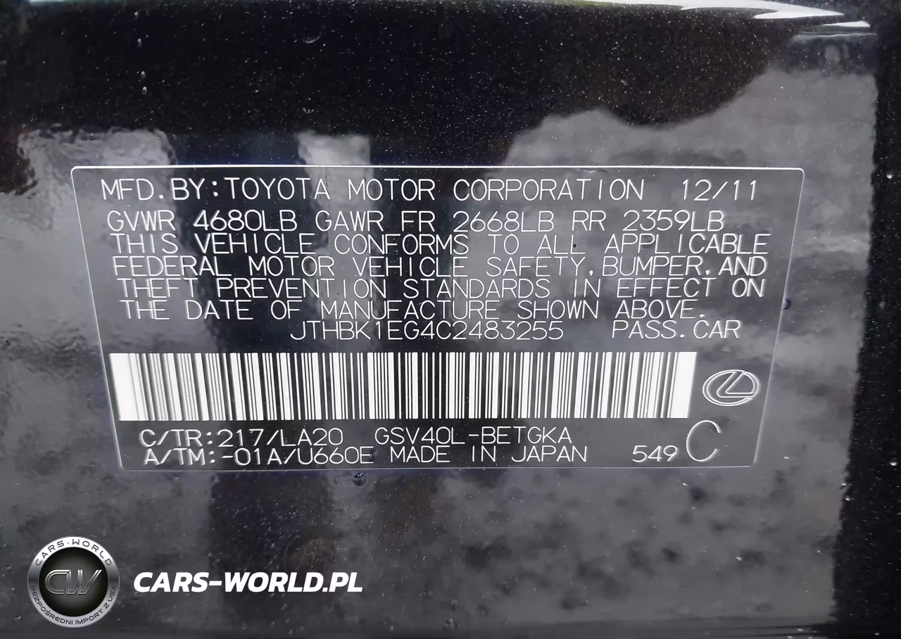 2012 Lexus Es 350 VIN:JTHBK1EG4C2483255 - 9