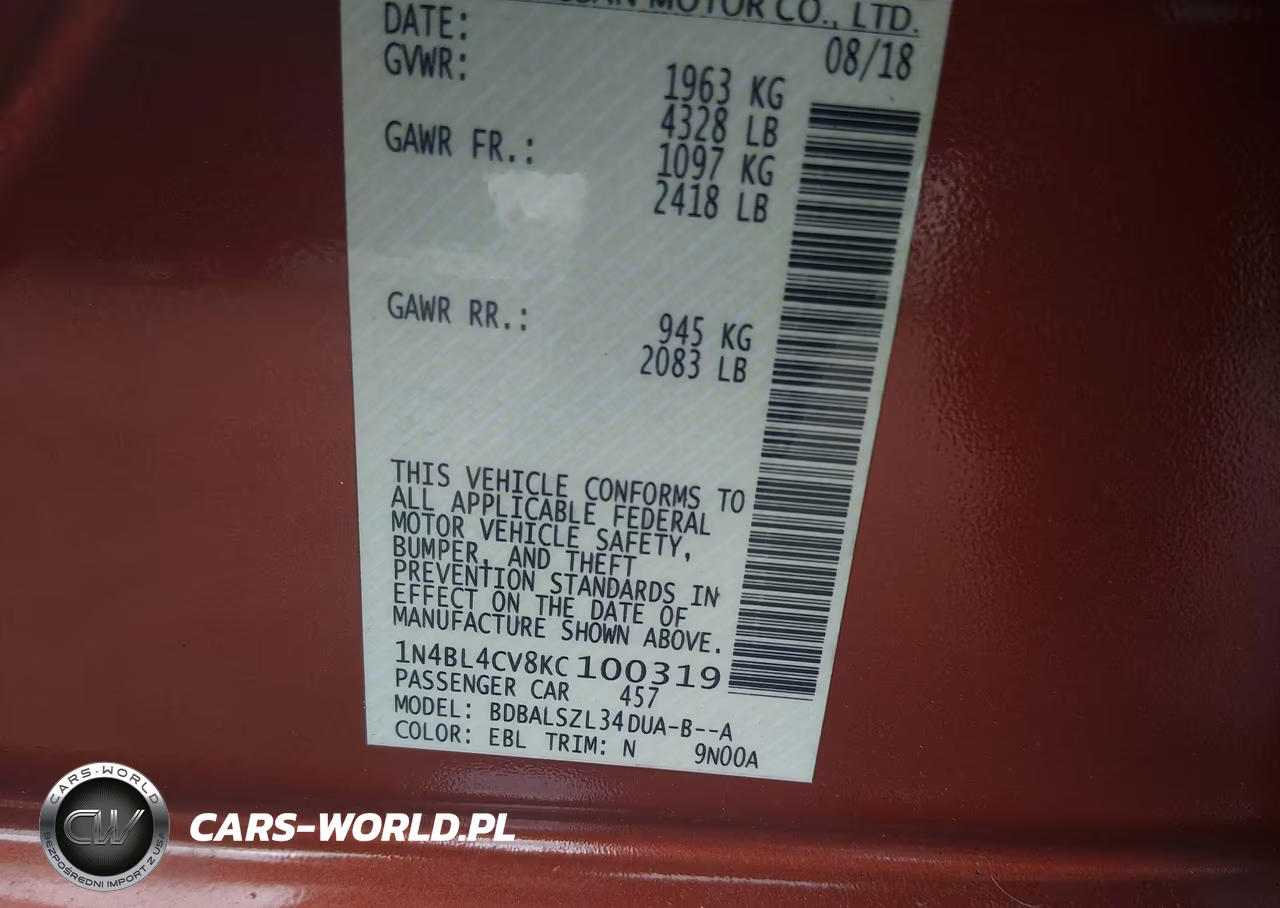 2019 Nissan Altima 2.5 Sr VIN:1N4BL4CV8KC100319 - 9