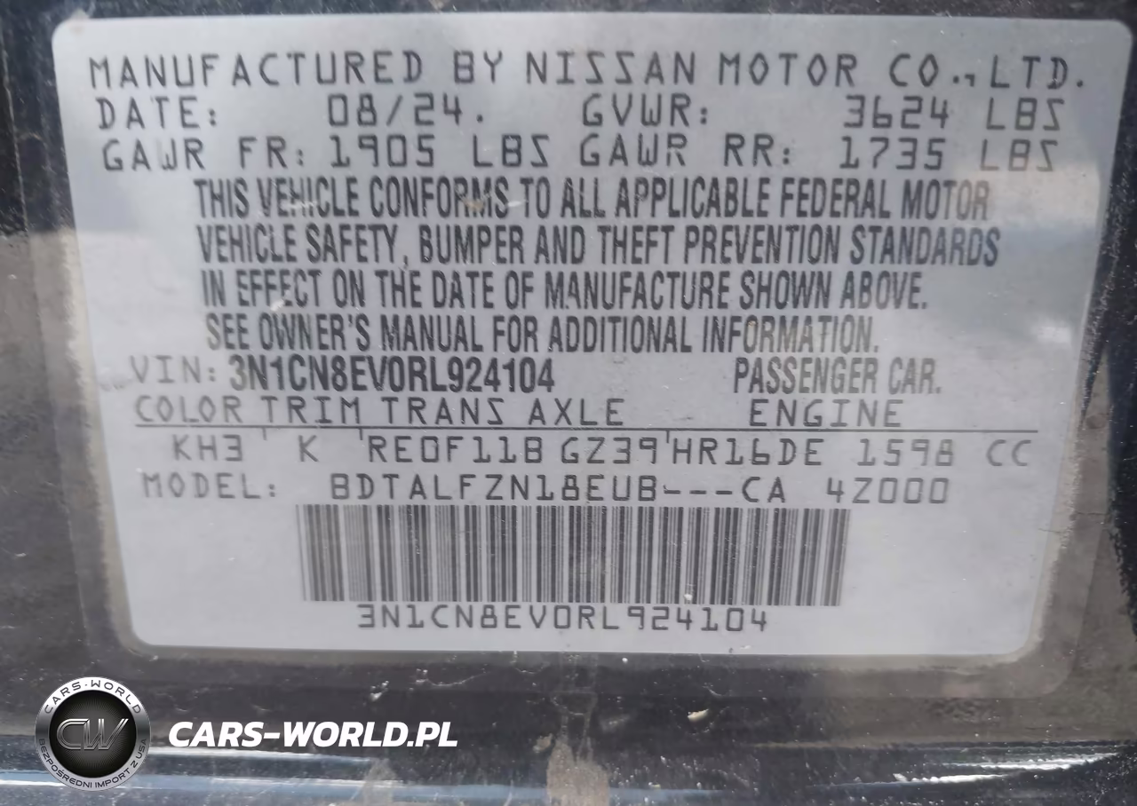 2024 Nissan Versa 1.6 Sv VIN:3N1CN8EV0RL924104 - 9