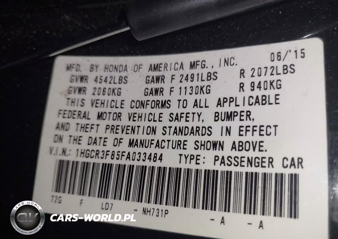2015 Honda Accord Ex-L V-6 VIN:1HGCR3F85FA033484 - 9