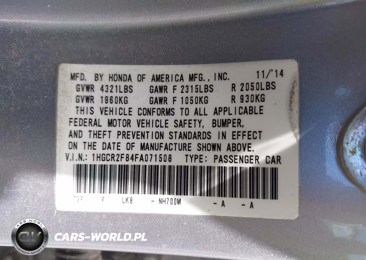 2015 Honda Accord Ex-L VIN:1HGCR2F84FA071508 - 9
