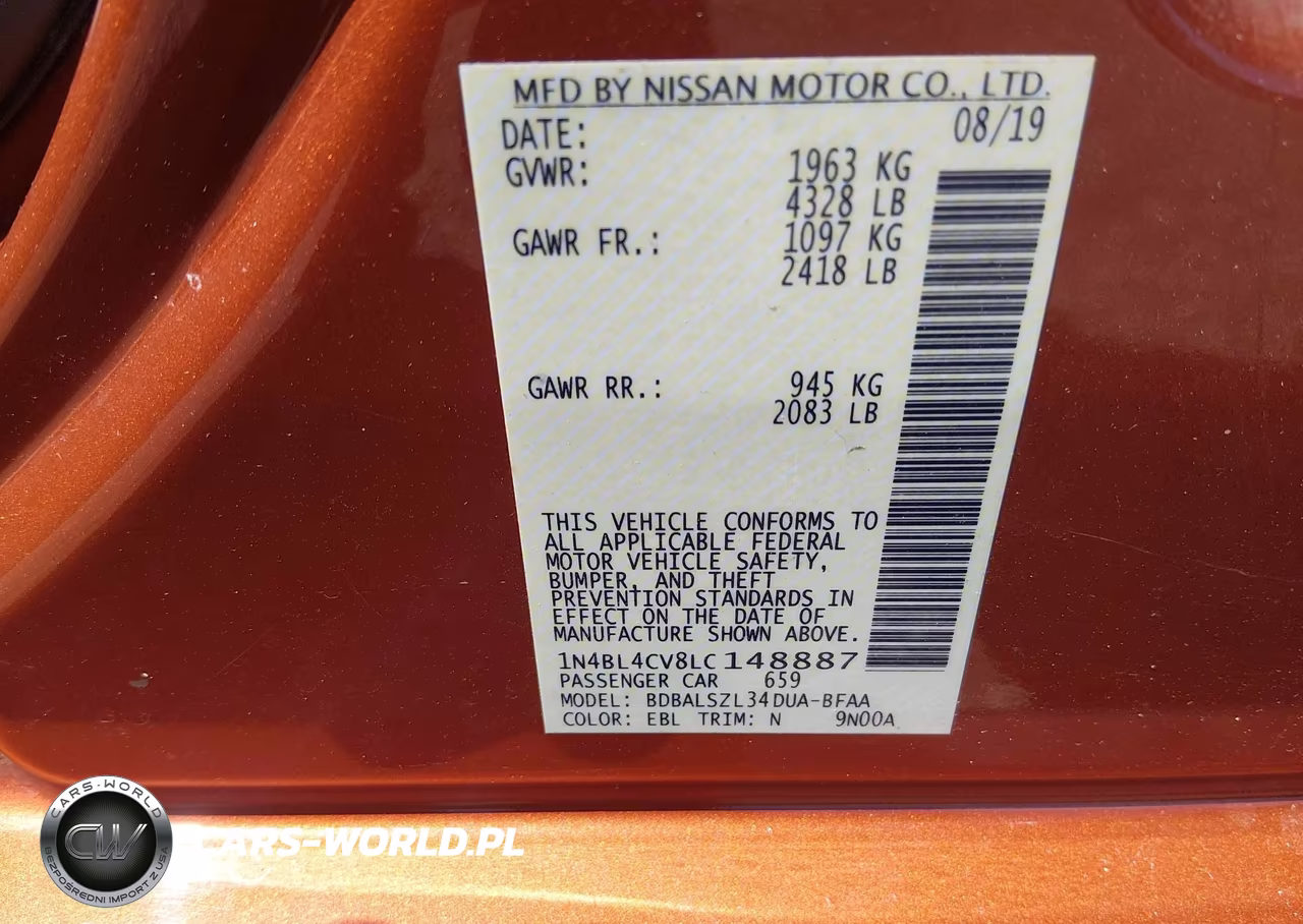 2020 Nissan Altima Sr Fwd VIN:1N4BL4CV8LC148887 - 9