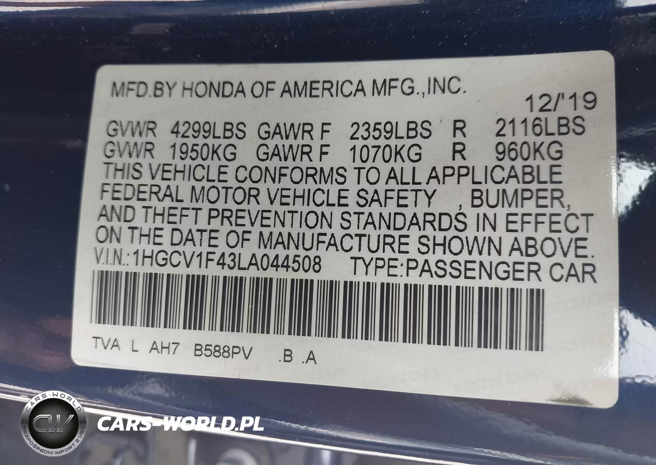 2020 Honda Accord Ex VIN:1HGCV1F43LA044508 - 9