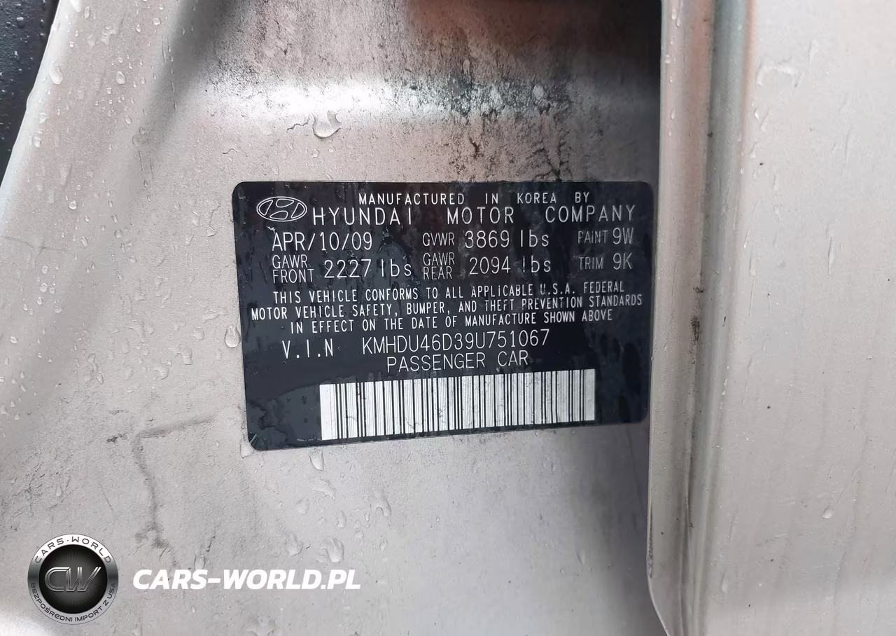 2009 Hyundai Elantra Gls VIN:KMHDU46D39U751067 - 9