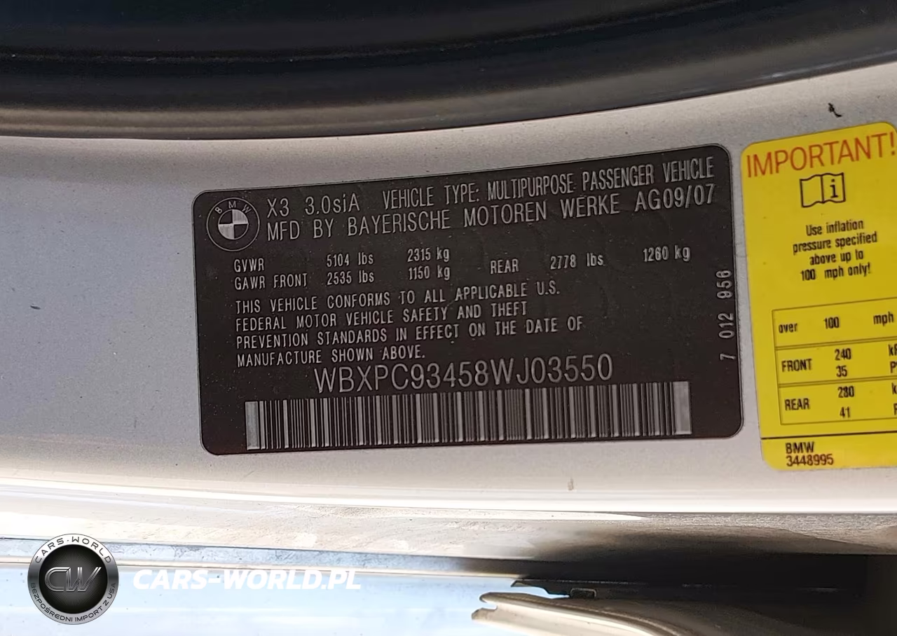2008 BMW X3 3.0Si VIN:WBXPC93458WJ03550 - 9