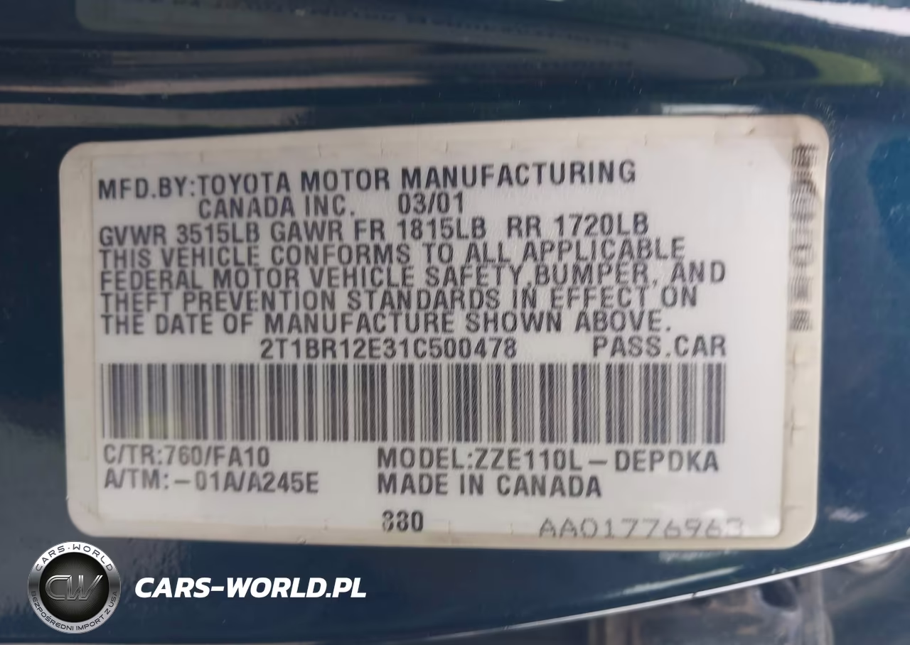 2001 Toyota Corolla Le VIN:2T1BR12E31C500478 - 9