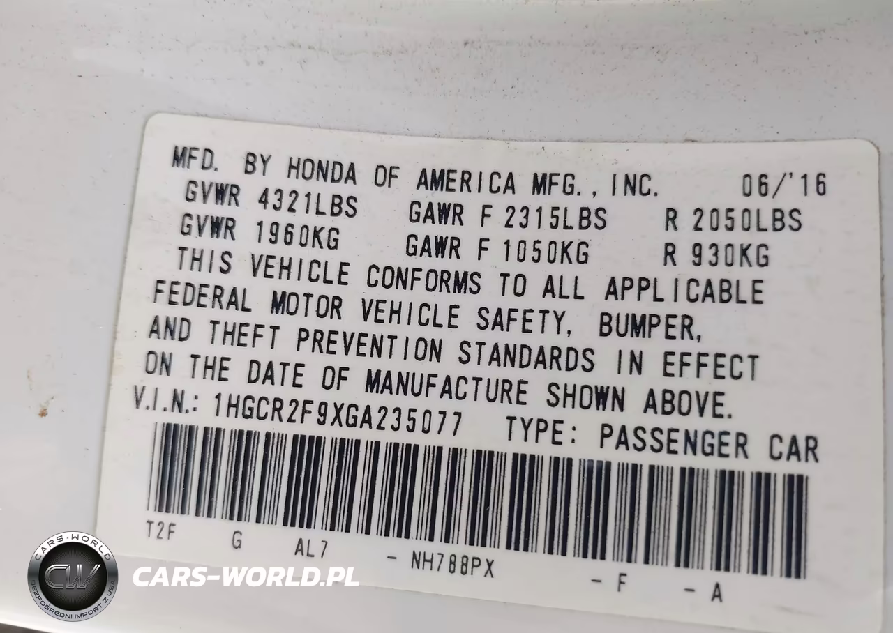 2016 Honda Accord Ex-L VIN:1HGCR2F9XGA235077 - 9
