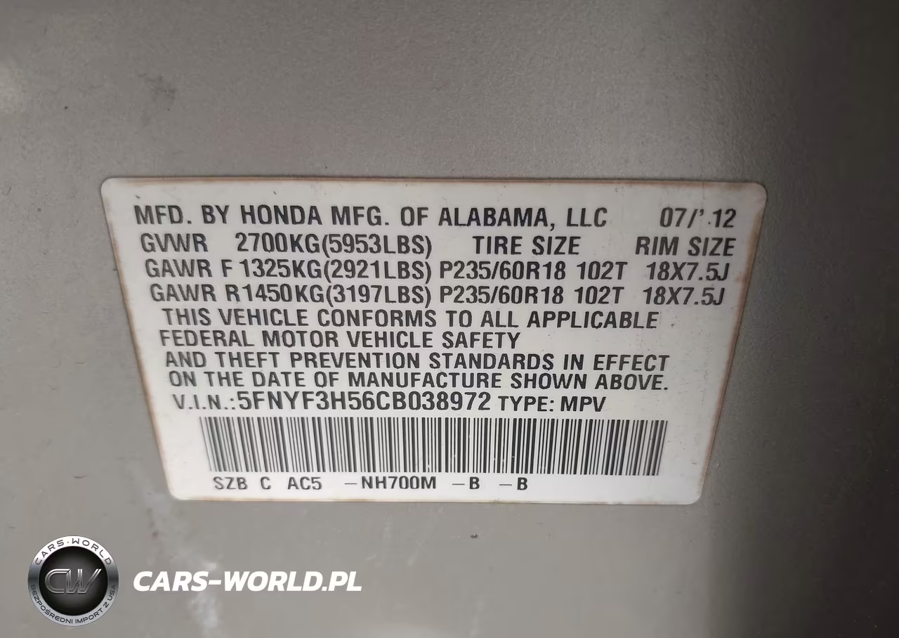 2012 Honda Pilot Ex-L VIN:5FNYF3H56CB038972 - 9