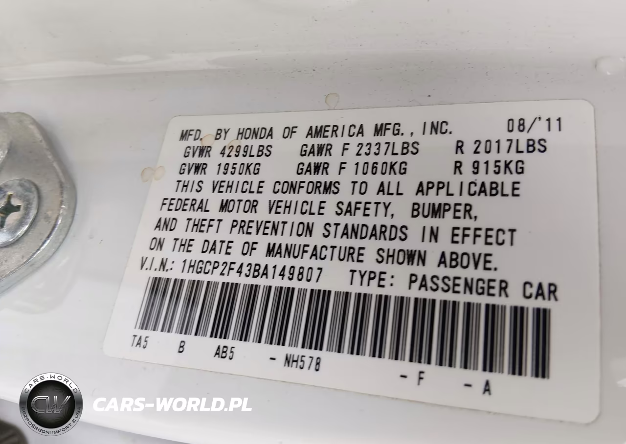 2011 Honda Accord 2.4 Lx-P VIN:1HGCP2F43BA149807 - 9