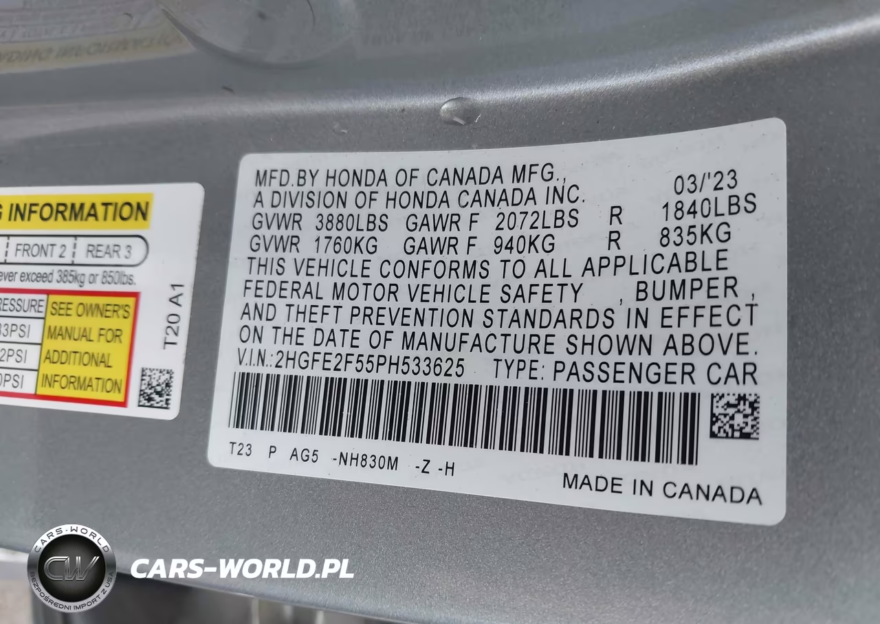 2023 Honda Civic Sport VIN:2HGFE2F55PH533625 - 9