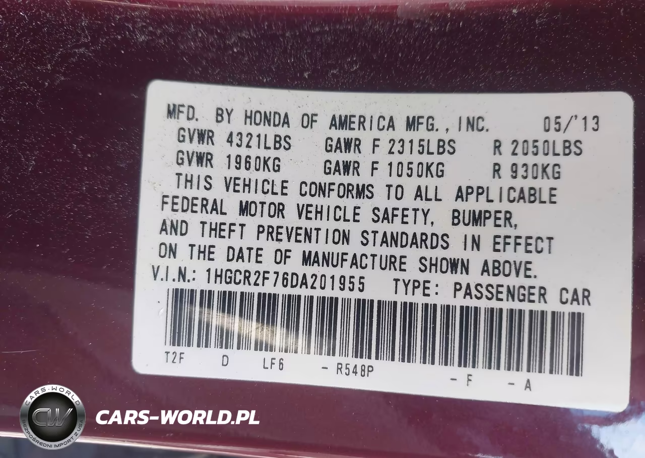 2013 Honda Accord Ex VIN:1HGCR2F76DA201955 - 9