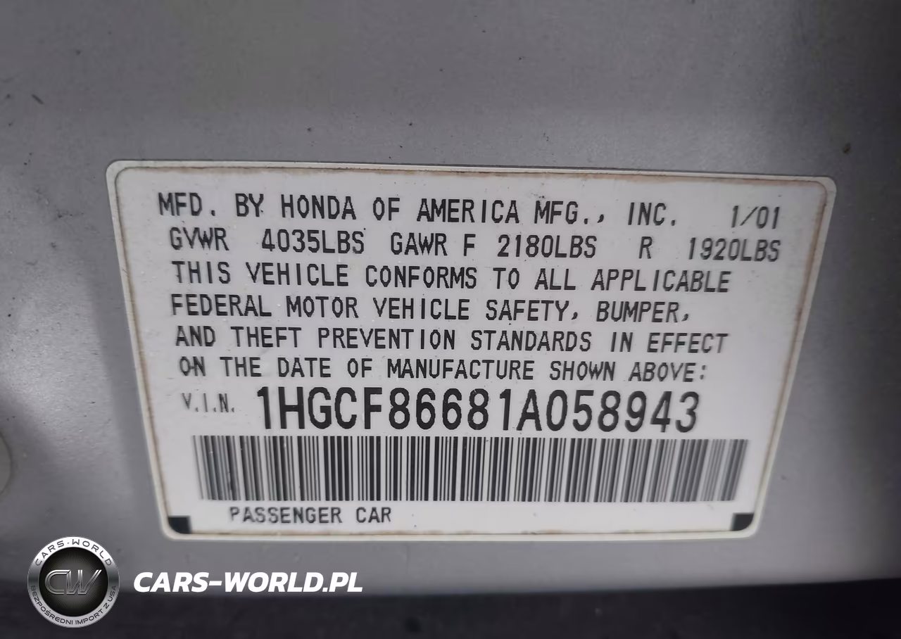 2001 Honda Accord Value Package VIN:1HGCF86681A058943 - 9