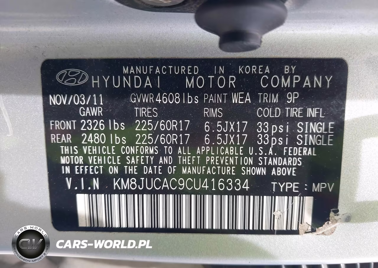 2012 Hyundai Tucson Gls VIN:KM8JUCAC9CU416334 - 9