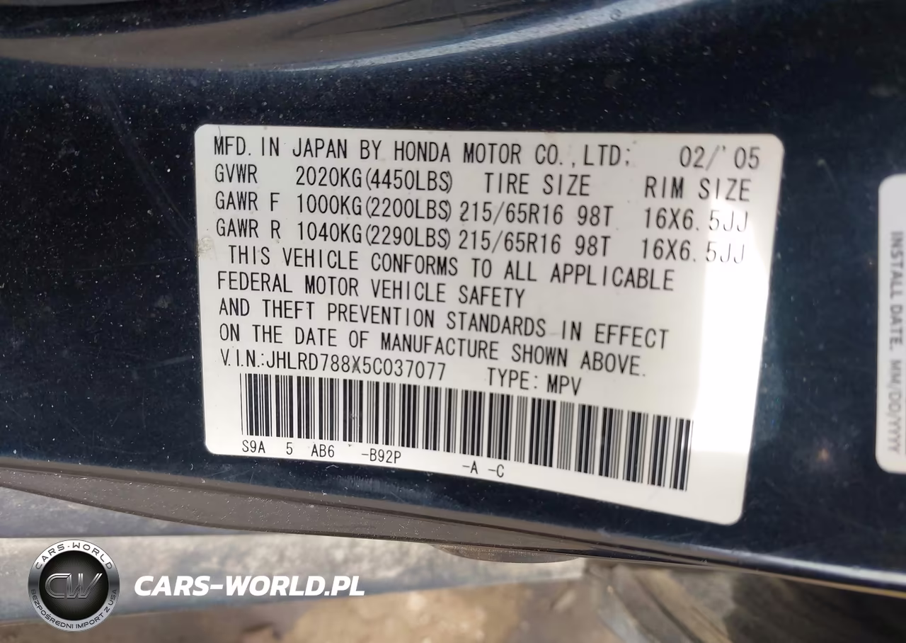 2005 Honda Cr-V Ex VIN:JHLRD788X5C037077 - 9