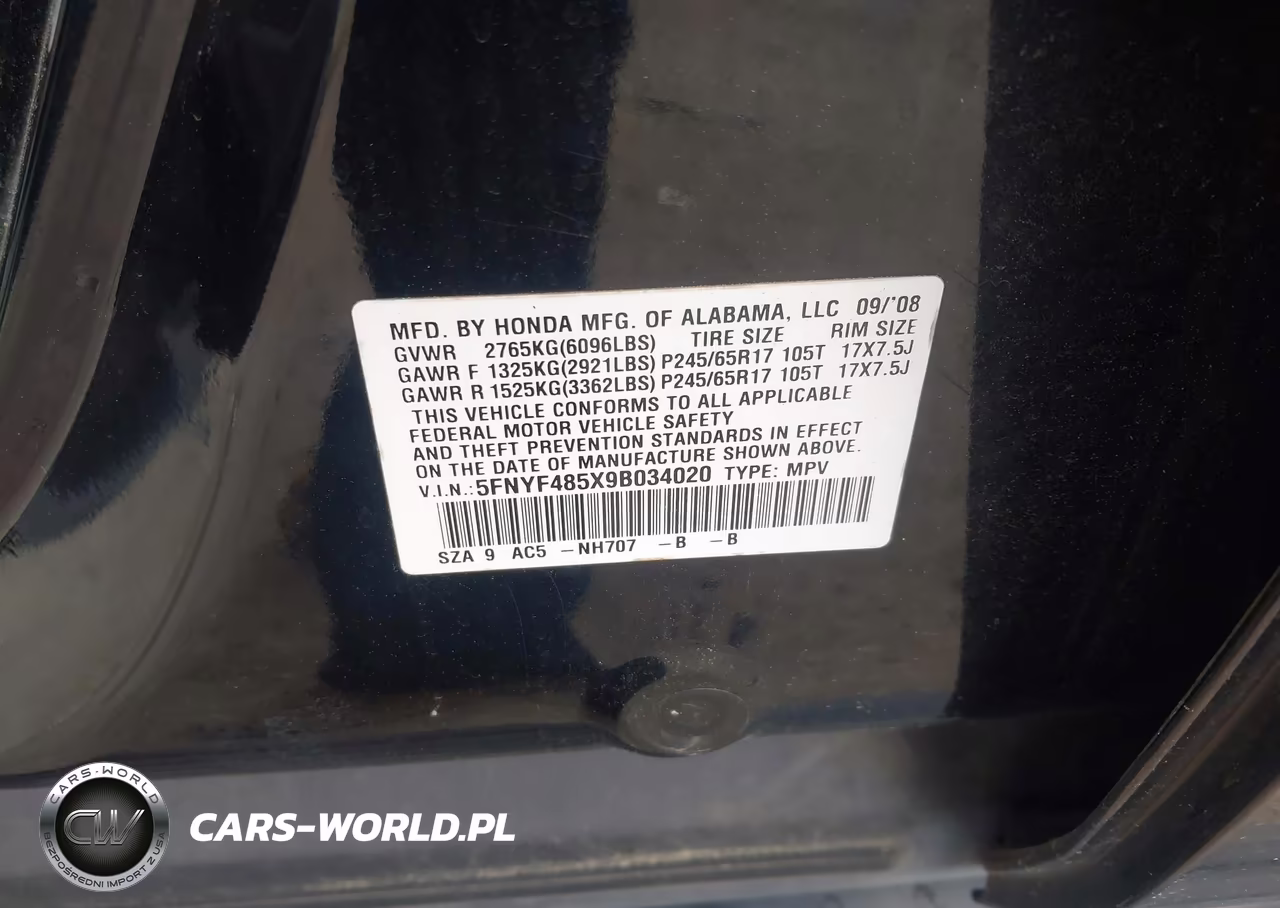 2009 Honda Pilot Ex-L VIN:5FNYF485X9B034020 - 9