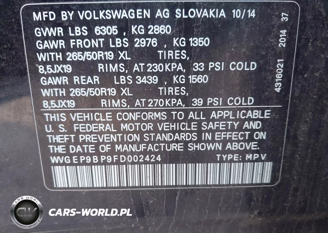 2015 Volkswagen Touareg Tdi Lux VIN:WVGEP9BP9FD002424 - 9
