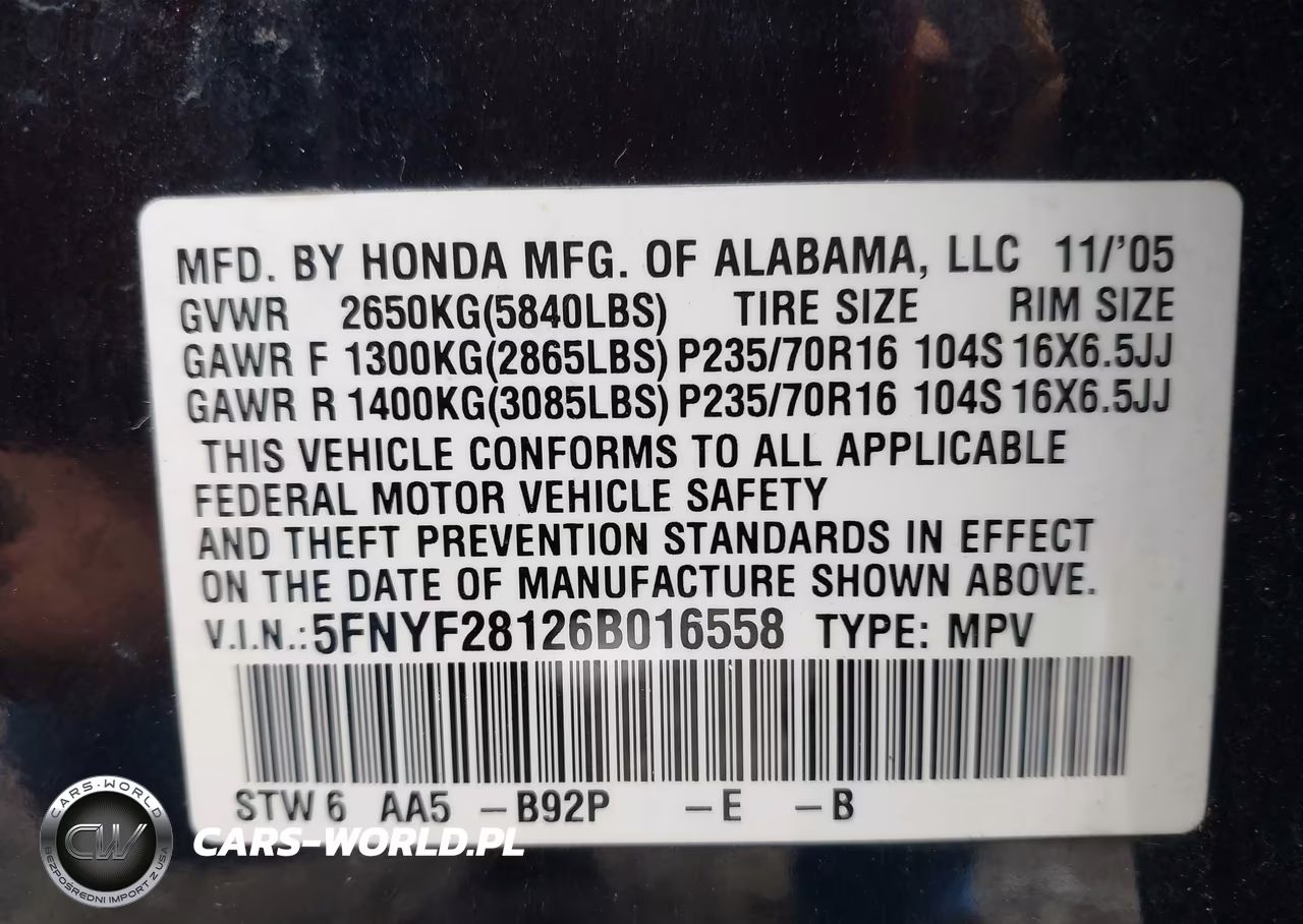 2006 Honda Pilot Lx VIN:5FNYF28126B016558 - 9