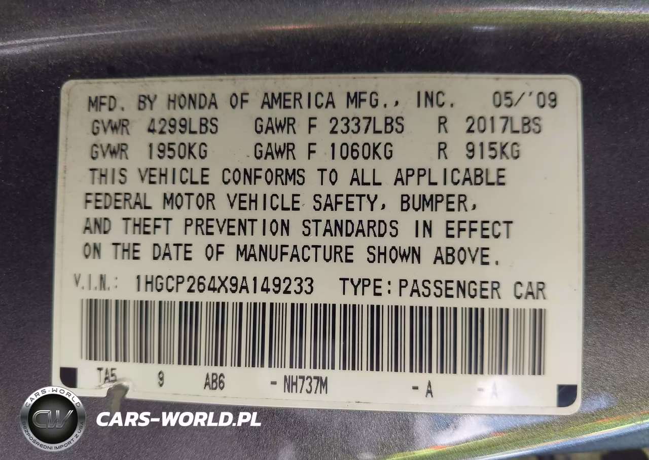 2009 Honda Accord 2.4 Lx-P VIN:1HGCP264X9A149233 - 9