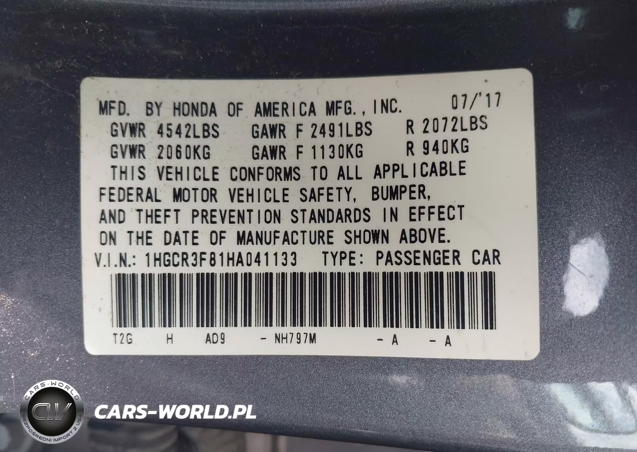 2017 Honda Accord Ex-L V6 VIN:1HGCR3F81HA041133 - 9