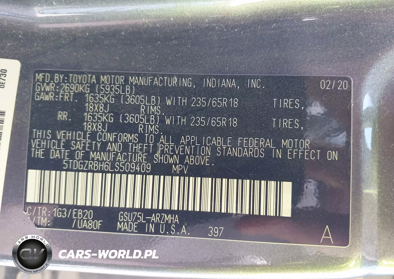 2020 Toyota Highlander Xle VIN:5TDGZRBH6LS509409 - 9