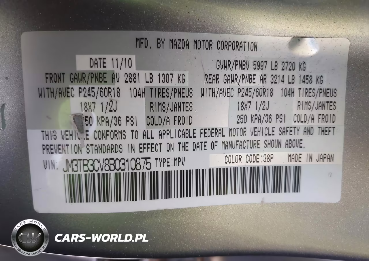2011 Mazda Cx-9 Touring VIN:JM3TB3CV8B0310875 - 9
